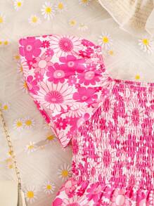 SHEIN Young Girl Cute Casual Round Neck Ruffle Sleeve Ruched Flower Pattern Jumpsuit - Hot Pink - View 4
