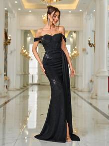 Zolique Vestido largo para mujer con escote de una línea, sin tirantes, de manga larga, talle alto, con abertura con cinta, para invitada de boda, verano, maxi, para fiestas, ropa de fiesta con detalles metálicos - Negro - Ver 5