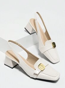 复古法式纯色时尚办公室通勤粗跟金属扣高跟鞋，新款夏季约会居家高跟女鞋，优雅高贵 - 白色 - 查看 6