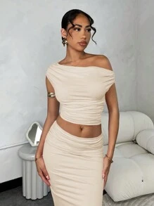 SHEIN BAE 女性不對稱領口不對稱褶皺上衣+低腰褶皺高衩粉色純色裙裝套裝，適用於夏季 - 杏色 - 查看 5