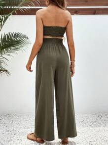 SHEIN Pregnant Women's Solid Color Ruffled Strapless Top And Elastic High-Waisted Long Pants, Summer Casual 2pcs/Set For Maternity