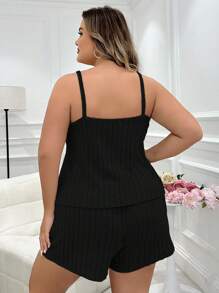 SHEIN Plus Size Solid Color Textured Cami Top And Shorts Pajama Set Lounge Set - Black - View 2