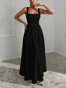 SHEIN Jewel-Embellished Square Neck White A-Line Sleeveless Dress