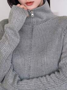 DAZY Ribbed Knit Zip Up Cardigan - Grey - View 4