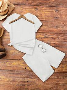 Zolique Summer Fashion Solid Color Distressed Batwing Sleeve T-Shirt And Shorts Set - White - View 2
