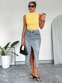 SHEIN Essnce Women'S Summer Casual  Stand Collar Pleated Sleeveless Bodysuit - Yellow - View 6