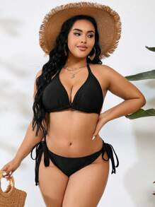 Swim Vcay Conjunto de bikini sencillo diario de talla grande de 3 piezas con unicolor, para playa o verano - Negro - Ver 4