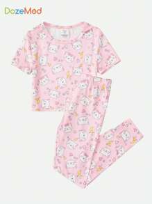 SHEIN Tween女孩卡通圖形短袖t恤和長褲緊身睡衣套裝 - 彩色 - 查看 1