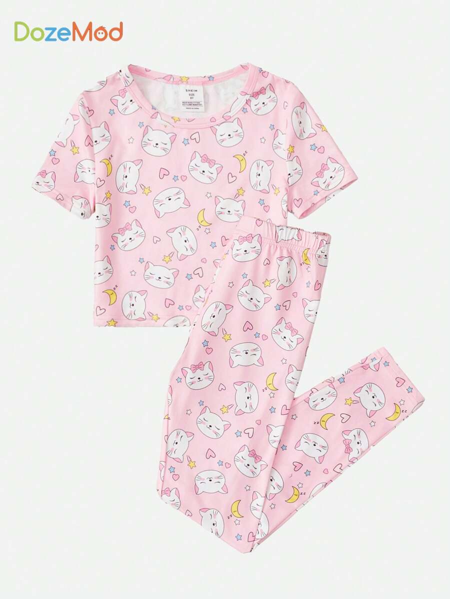 SHEIN Tween女孩卡通圖形短袖t恤和長褲緊身睡衣套裝 - 彩色 - 查看 1