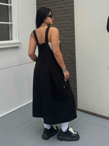 Flirla Plus Size Summer Casual Solid Color Pinafore Dress - Black - View 5