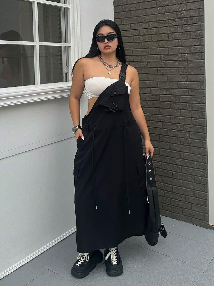 Flirla Plus Size Summer Casual Solid Color Pinafore Dress - Black - View 1