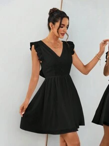 SHEIN Privé 女式無背波點荷葉邊A字裙，適合婚禮季節，約會夜晚，情人節，度假穿搭 - 黑色 - 查看 4