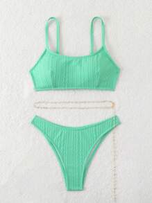 SHEIN Swim Women's Solid Color Sexy Bikini Set For Summer Beach, Separates - Mint Green - View 4