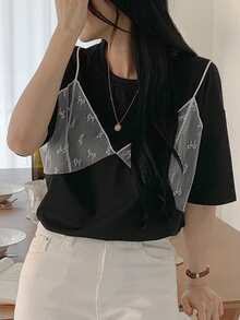 DAZY 網眼對比色圓領寬鬆長/短袖女T恤 - 黑色 - 查看 6