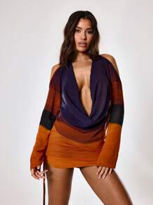 MUSERA Sexy Going Out Tops Women Colorblock Cowl Neck Cold Shoulder Blouse Spring Summer Holiday - Multicolor - View 6