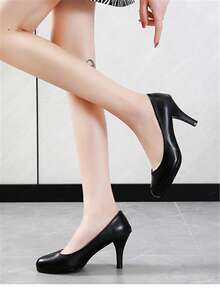 女士實色厚底圓頭粗跟時尚休閒高跟泵鞋 - 黑色 - 查看 4