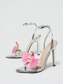 Women's High Heel Shoes, Spring/Summer Outdoor Night Club Fashion Pointed Toe Thin Heel, Shiny Metallic Snake Skin Pattern, Elegant Silver Sandals With Strappy And Sexy Lan Flower Design