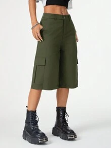 SHEIN EZwear Shorts de estilo urbano y fresco para mujer, ropa de trabajo neutral con bolsillos grandes y longitud media - Verde Oliva - Ver 6