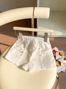 SHEIN 女婴休闲纯色彼得潘领泡泡袖衬衫和短裤套装 - 粉色 - 查看 6