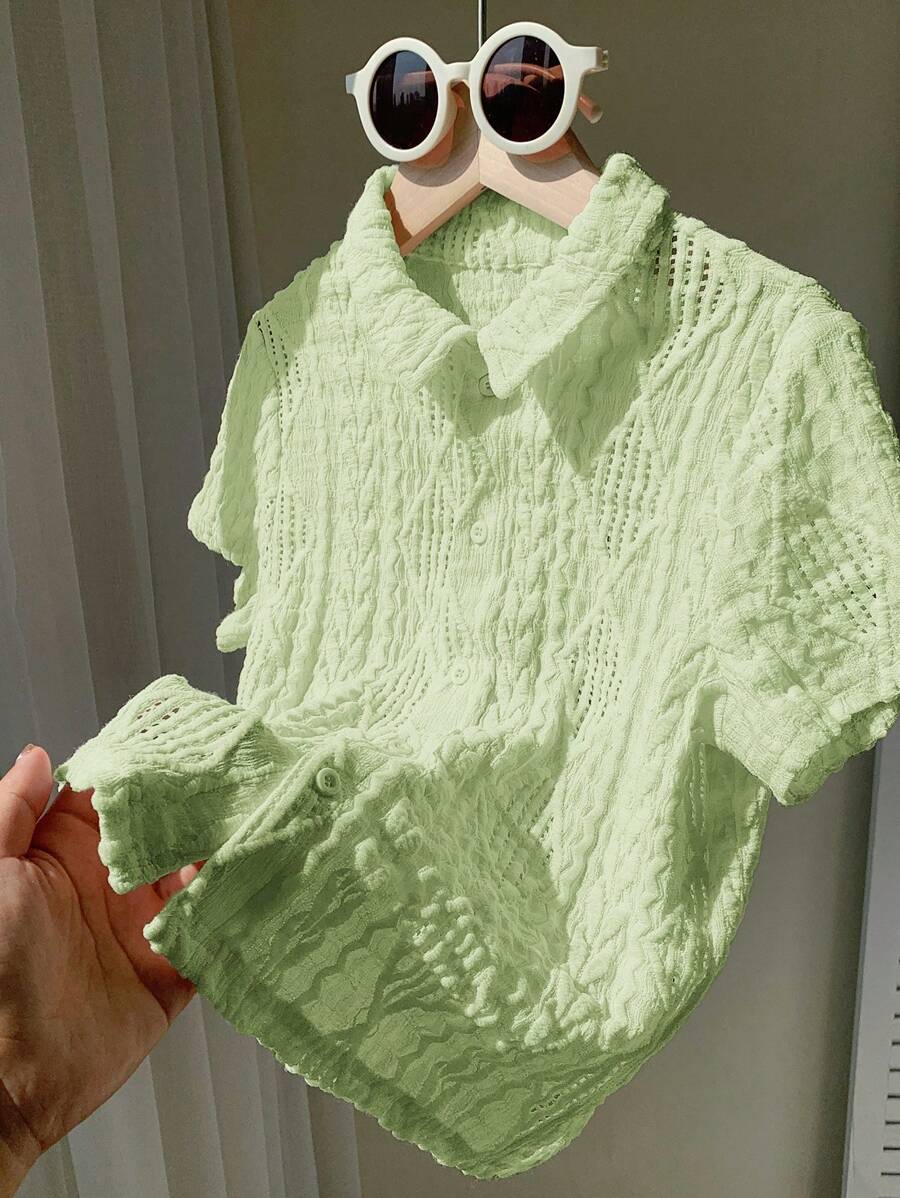 SHEIN Leap Crew 1件男童宽松休闲翻领提花短袖衬衫 - 薄荷綠 - 查看 1
