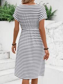 EMERY ROSE 女士夏季條紋束腰側口袋休閒連衣裙 - 白色 - 查看 2