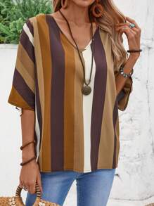 EMERY ROSE Women's Printed V-Neck Summer Shirt Casual Women Shirts - Khaki - View 4