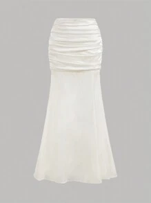 Aloruh Women's Spring And Summer Elegant Romantic Date Vacation Fashion Commuting To Work Skirt Pleated Design Champagne Tulle Patchwork Fishtail Long Skirt