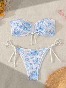 Swim Mod Conjunto de bikini de verano floral para playa de mujer con push-up, sin tirantes y huecos con patrón impreso (aleatorio) y Bottom - Multicolor - Ver 1