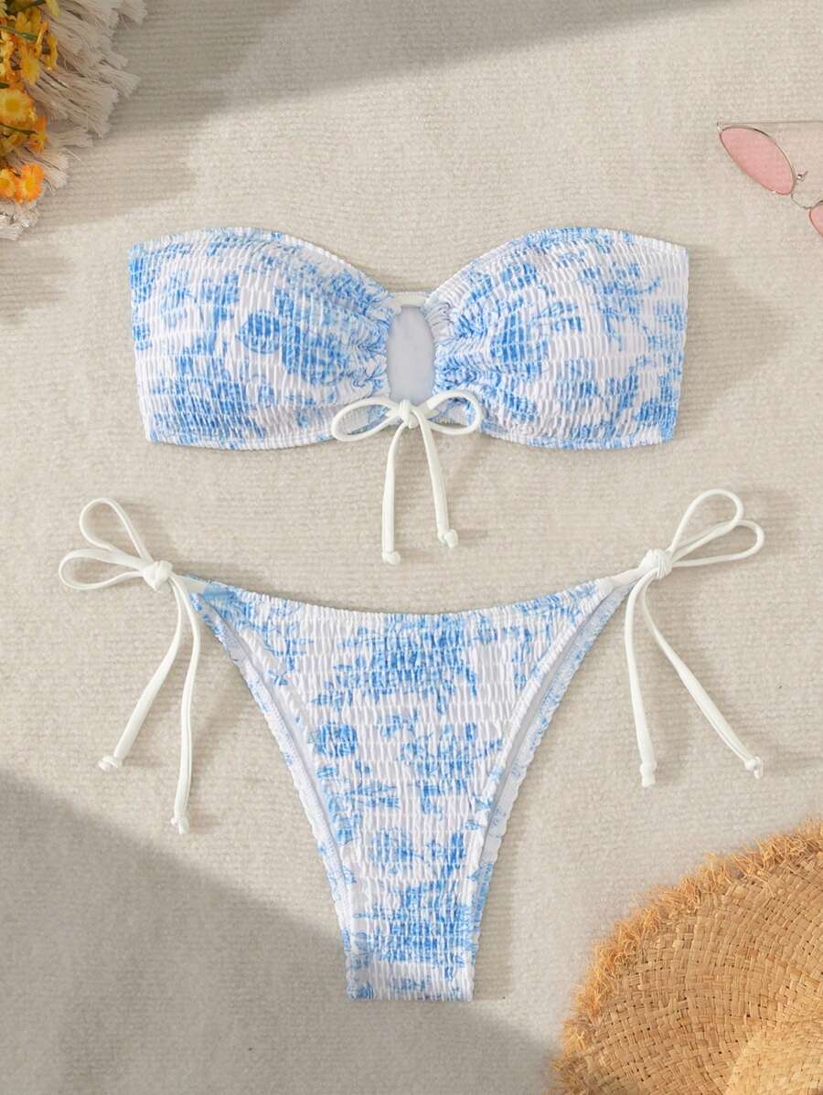 Swim Mod Conjunto de bikini de verano floral para playa de mujer con push-up, sin tirantes y huecos con patrón impreso (aleatorio) y Bottom - Multicolor - Ver 1