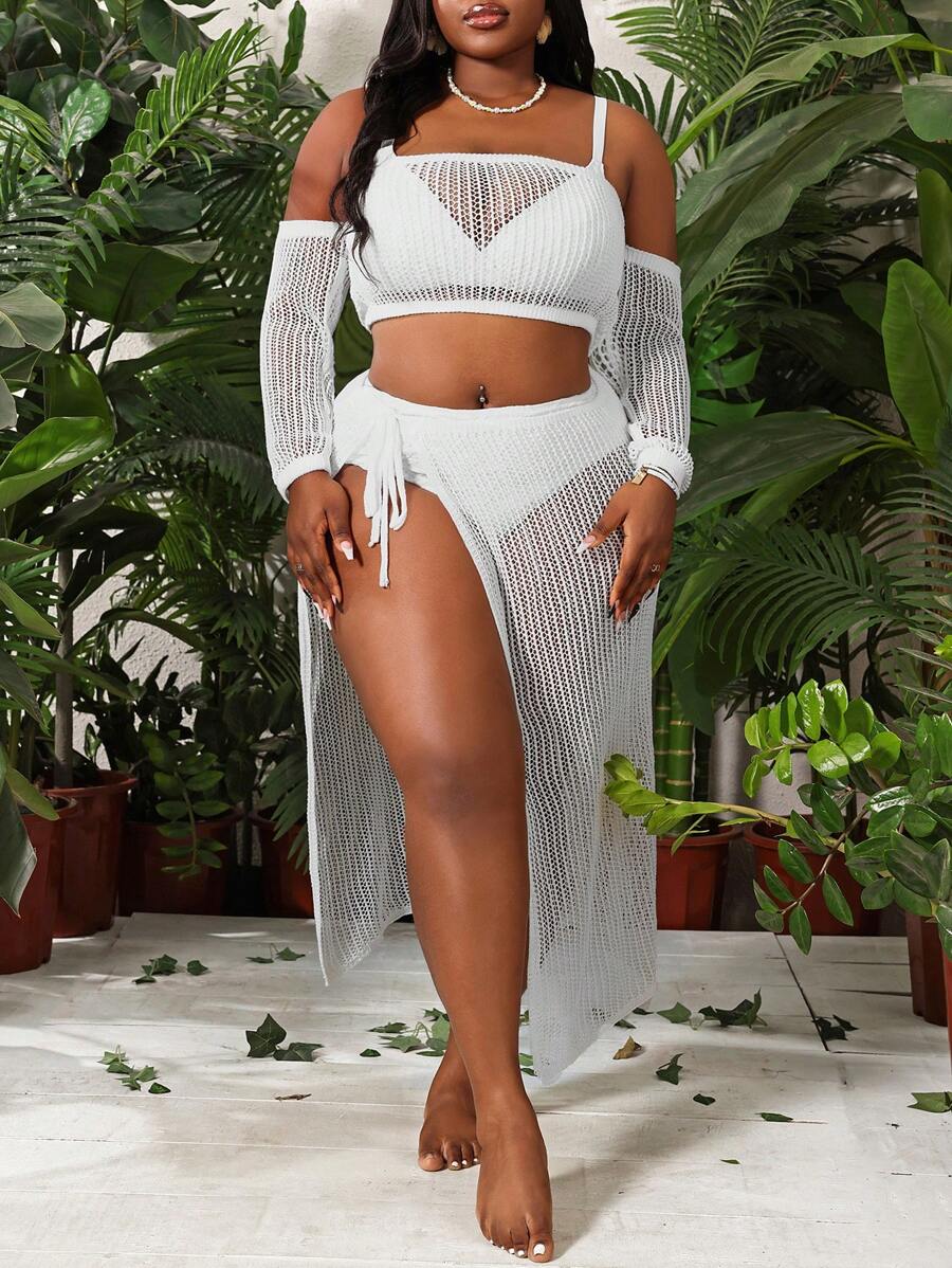 Plus Size Hollow Knit Beach Cover Up Summer