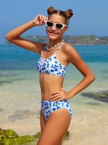 SHEIN Conjunto de biquíni floral Tween Girl férias praia Ditsy verão praia