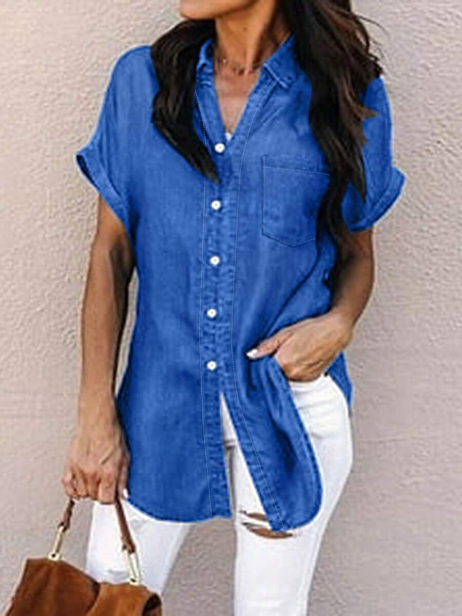 Solid Color Button-Front Casual Short Sleeve Shirt With Pocket - Blue - View 1