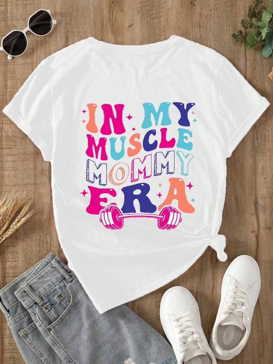 SHEIN LUNE 女士夏季圓領短袖太空人印花T恤，帶行星圖案 - 白色 - 查看 1