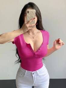 DAZY Women's Summer Solid Color Buttoned Half Placket Slim Fit Short Sleeve T-Shirt - Hot Pink - View 3