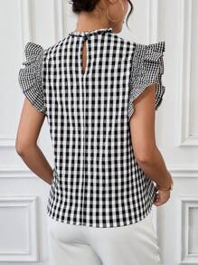 SHEIN Frenchy Áo kiểu giản dị dành cho nữ kẻ sọc in hình Ruffle Hem Áo sơ mi mùa hè Quần áo đi học lại Quần áo giáo viên Áo Sơ mi đen Đi chơi Áo Áo mùa hè Áo sơ mi kẻ sọc Áo sơ mi nữ công sở thường ngày - Đen và trắng - Xem 3