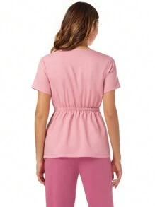 TaskEZ 女士啞面上衣-粉色V領啞面上衣，短袖V領護士制服，帶2個口袋的現代剪裁啞面上衣 - 粉色 - 查看 5