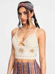 ROMWE Hippie 女式針織太陽刺繡嬉皮風上衣 - 杏色 - 查看 4