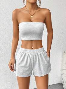 SHEIN PETITE Women's Solid Color Casual Two-Piece Set - Grey - View 7