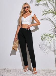 SHEIN Tall Women's High-Waisted Black Pants With Pleats And Tight Fit Pockets - Black - View 6