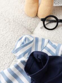 SHEIN Newborn Baby Boy/Girl Colorful Striped Round Neck Short Sleeve Pullover, Solid Color T-Shirt Set Of 2