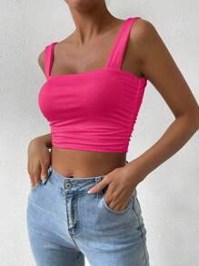 Chiquease Women's Solid Color Square Neck Tank Top Summer - Hot Pink - View 4