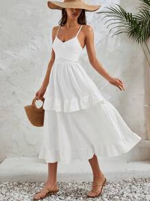 EURMUSE Vestido largo blanco de verano para playa con detalle de volantes - Blanco - Ver 4