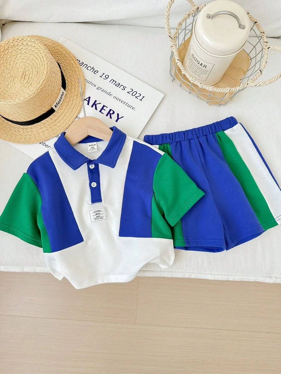 SHEIN Baby Boy's Color Block Collar Short Sleeve Pullover Top And Casual Shorts Set - Multicolor - View 1
