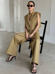 DAZY Solid Color Lapel Collar Cap Sleeve Top And Wide-Leg Pants Suit For Women Work Women Clothes, Back To School Clothes Business Attire