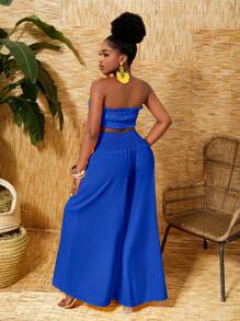 Slaydiva Summer Solid Color Strapless Ruffle Top And Wide Leg Pants Vacation 2pcs Set