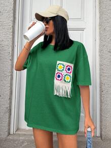 EURMUSE White  T-Shirt  With Embroidery Detail - Green - View 4