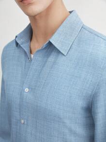 AKNOTIC Business Casual 男士淺藍色紡織品四向彈力商務休閒修身常規翻領長袖襯衫，易護理 - 藍色 - 查看 1