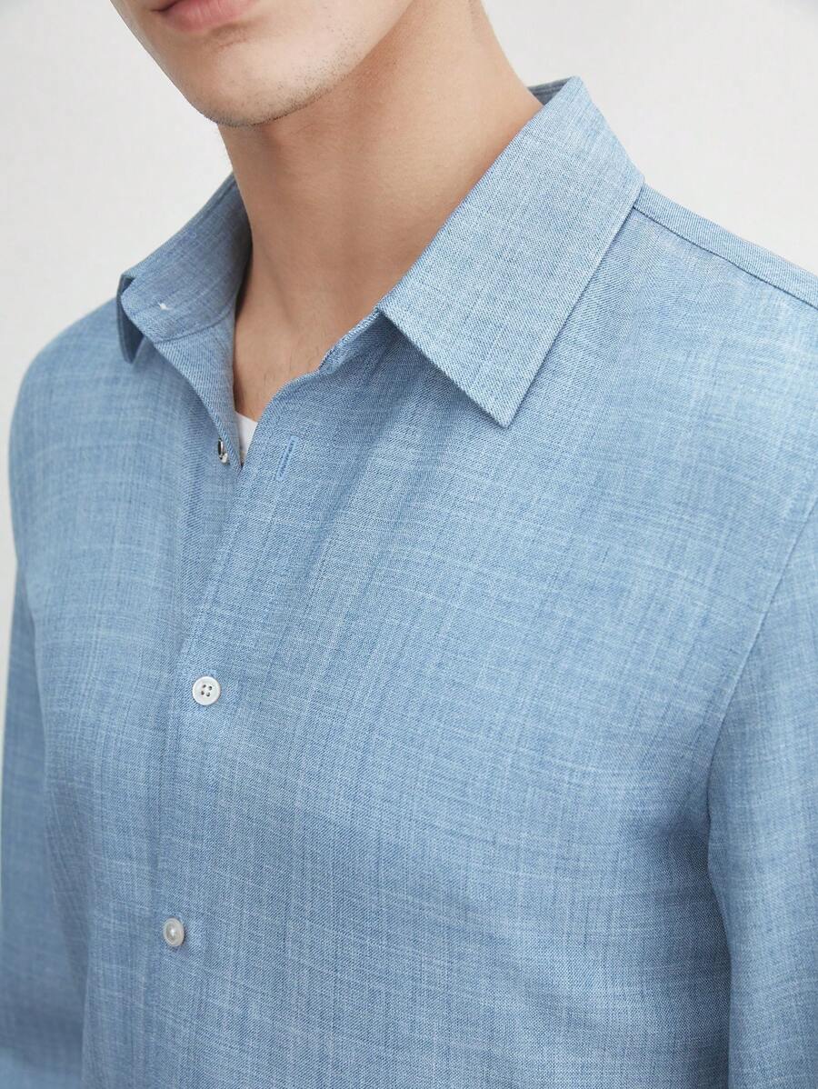 AKNOTIC Business Casual 男士淺藍色紡織品四向彈力商務休閒修身常規翻領長袖襯衫，易護理 - 藍色 - 查看 1