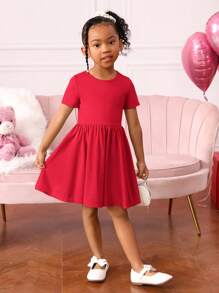 SHEIN Robe courte en tricot unie à manches courtes et dos évidé pour fille jeune, parfait pour un usage décontracté quotidien
