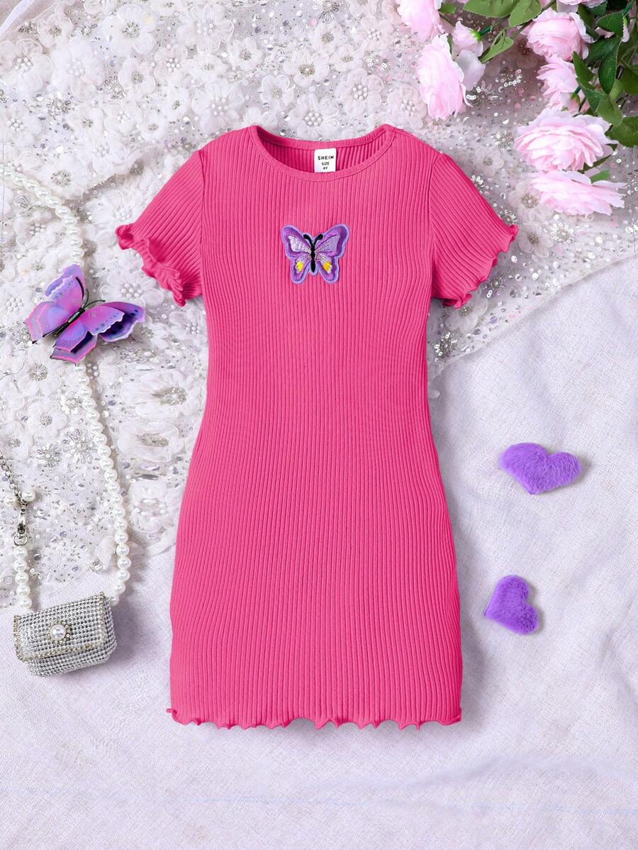 SHEIN Young Girl Knitted Solid Color Round Neck Butterfly Design Casual Dress - Hot Pink - View 1